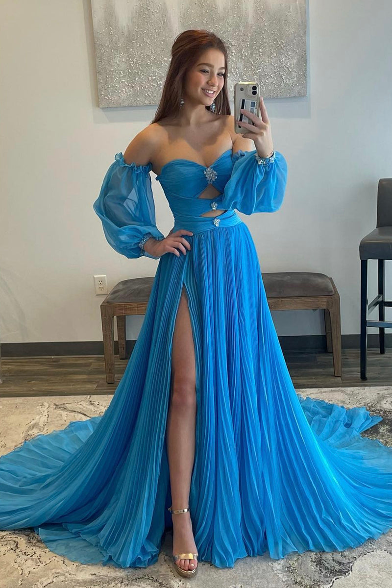 Blue Chiffon A-Line Off the Shoulder Formal Dress, Blue Puffy Sleeve E
