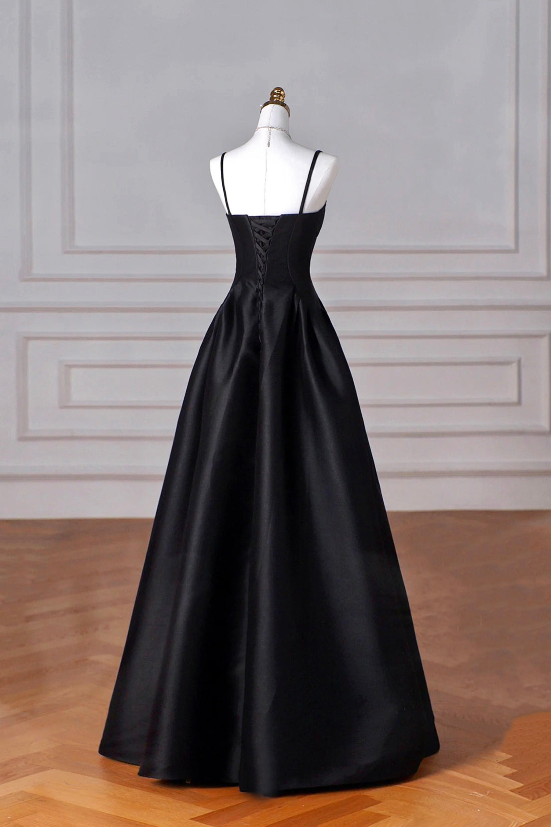 Black Spaghetti Strap Satin Long Prom Dress, A-Line Backless Evening P Black Spaghetti Strap Satin Long Prom Dress, A-Line Backless Evening P