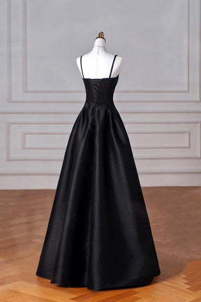 Black Spaghetti Strap Satin Long Prom Dress, A-Line Backless Evening Party Dress