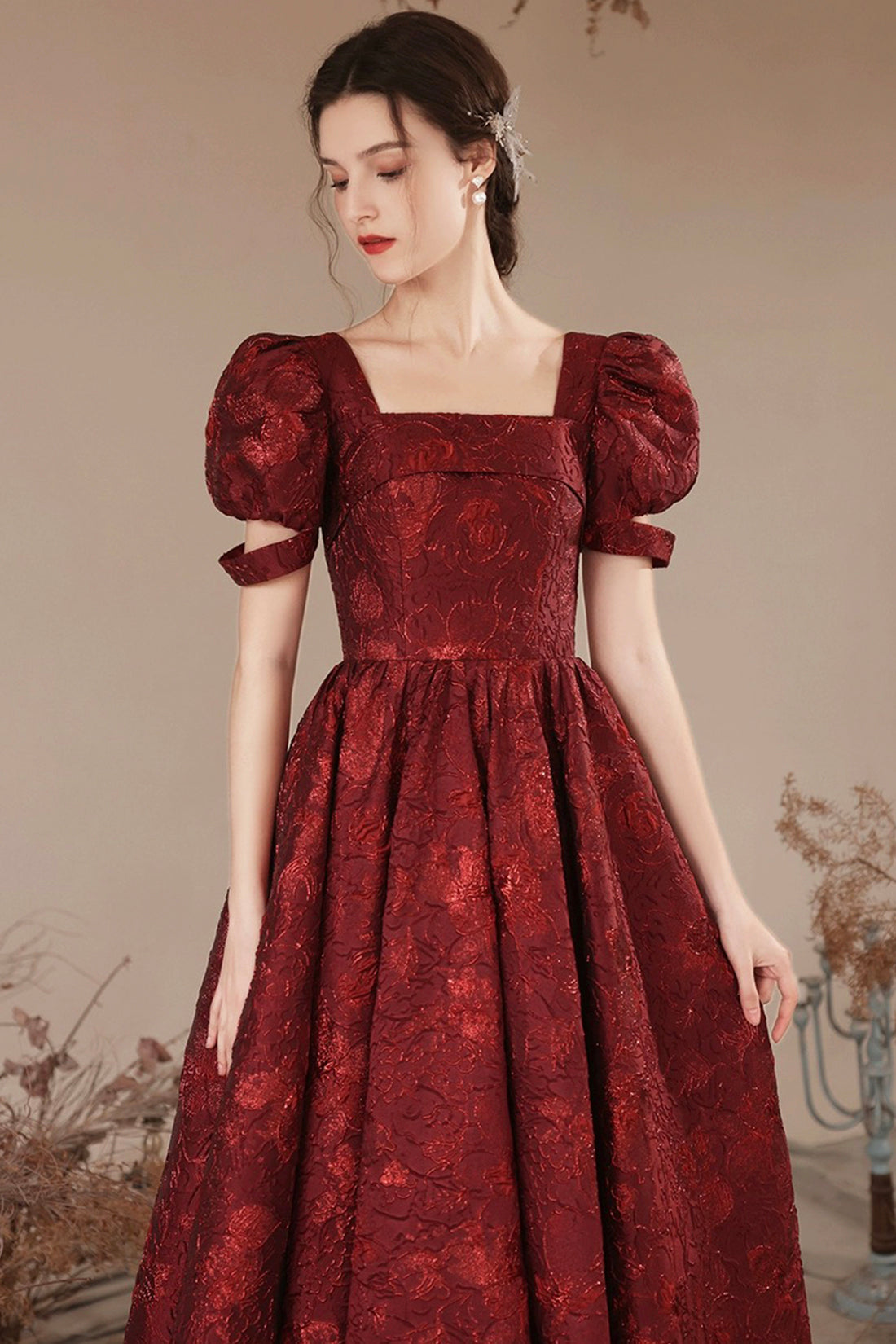 Burgundy Short Sleeve Tea Length Prom Dress, Lovely A-Line Evening Party Dress