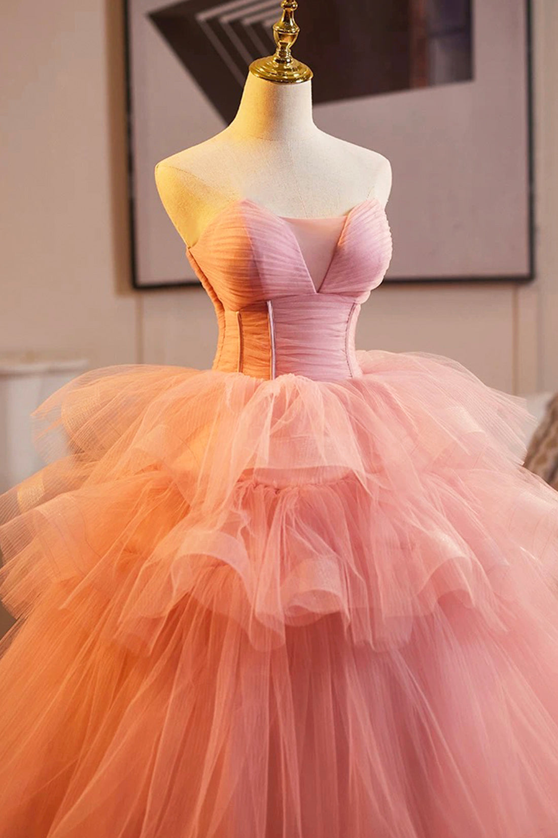 Pink Strapless Tulle Layers Ruffles Long Prom Evening Dress, Pink Sweet 16 Dress