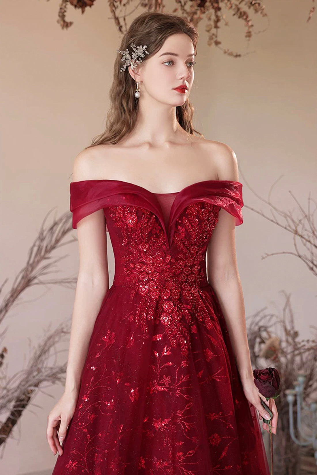 Burgundy Tulle Sequins Long A-Line Prom Dress, Off the Shoulder Evening Party Dress