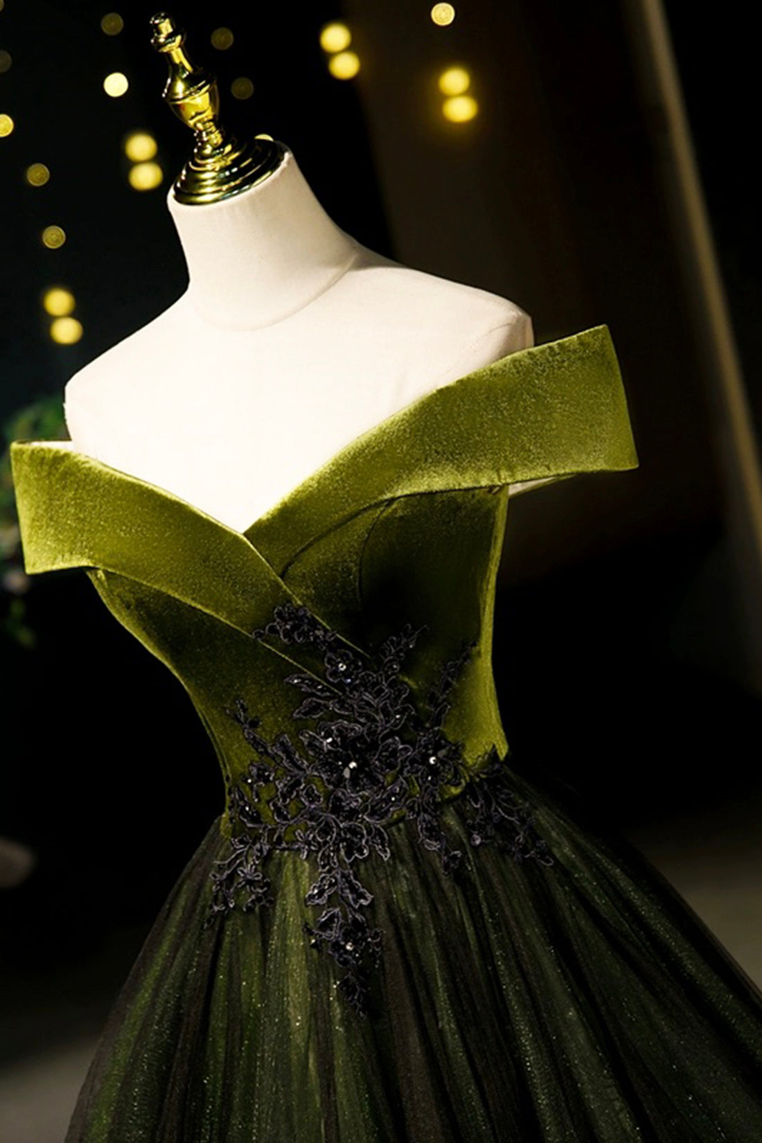 Green Velvet and Tulle Floor Length Prom Dress, Off the Shoulder Evening Party Dress