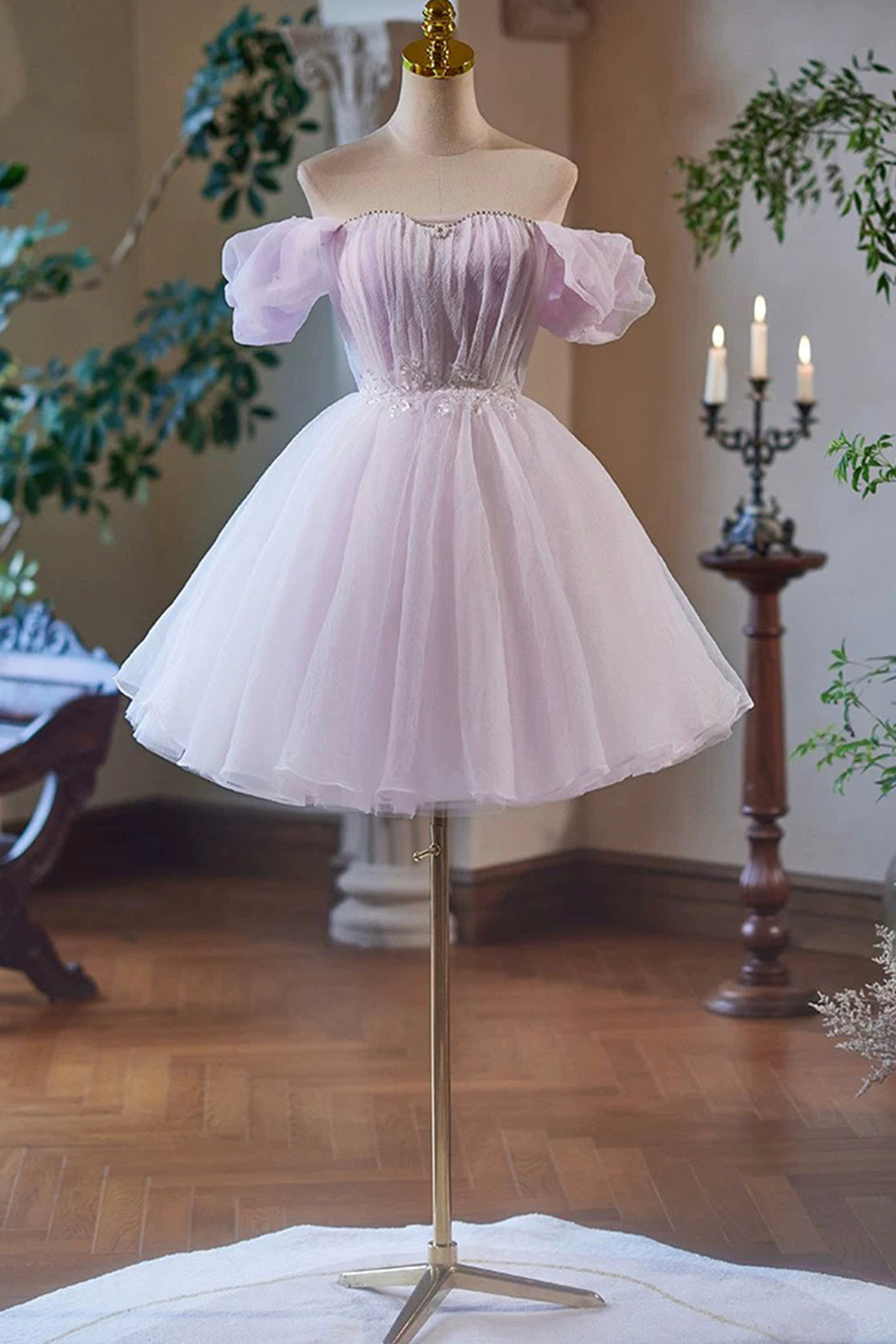 Lilac Tulle Knee Length Party Dress, Lovely A-Line Off the Shoulder Ev Lilac Tulle Knee Length Party Dress, Lovely A-Line Off the Shoulder Ev