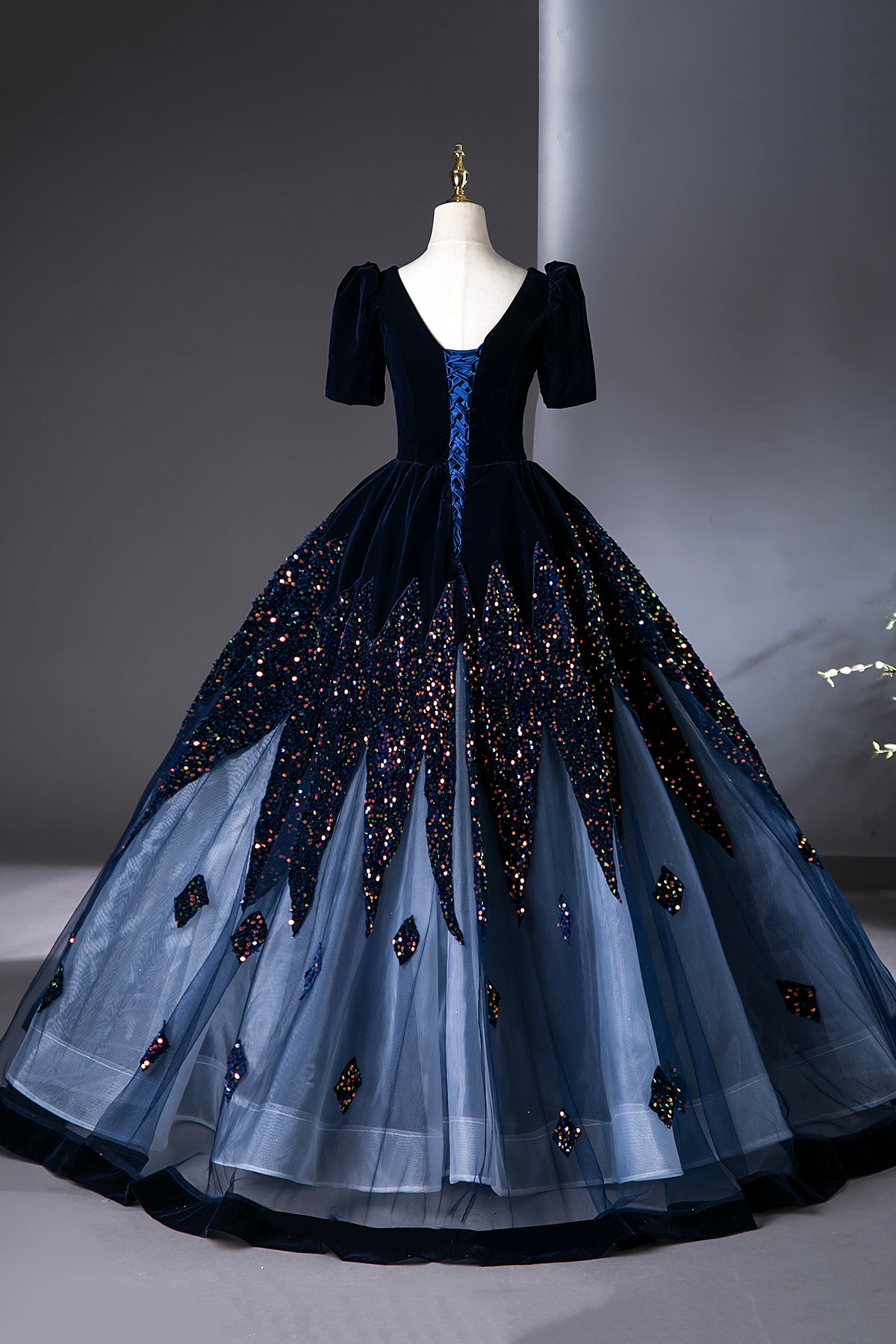 Blue V-Neck Velvet and Sequins Floor Length Prom Dress, Elegant Short Sleeve Formal Dress