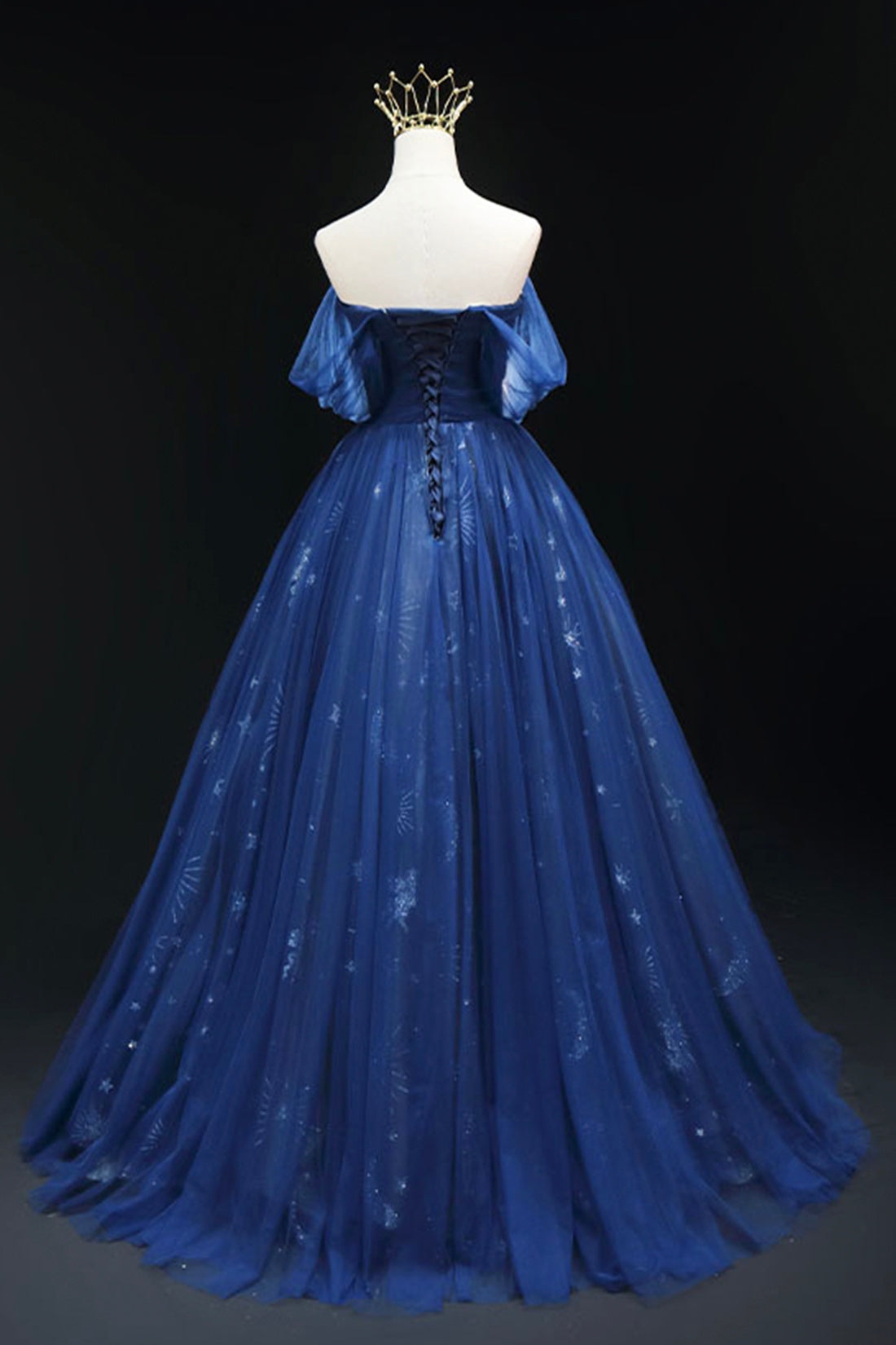 Beautiful Navy Blue Tulle Long Prom Dress, Off the Shoulder A-Line Bac Beautiful Navy Blue Tulle Long Prom Dress, Off the Shoulder A-Line Bac