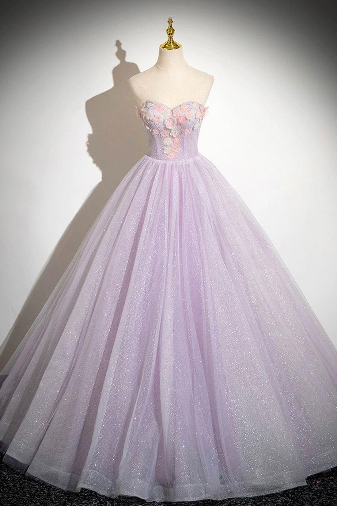 Lilac Strapless Tulle Long Prom Dresses with Flowers, Lilac Off the Shoulder Formal Evening Dresses