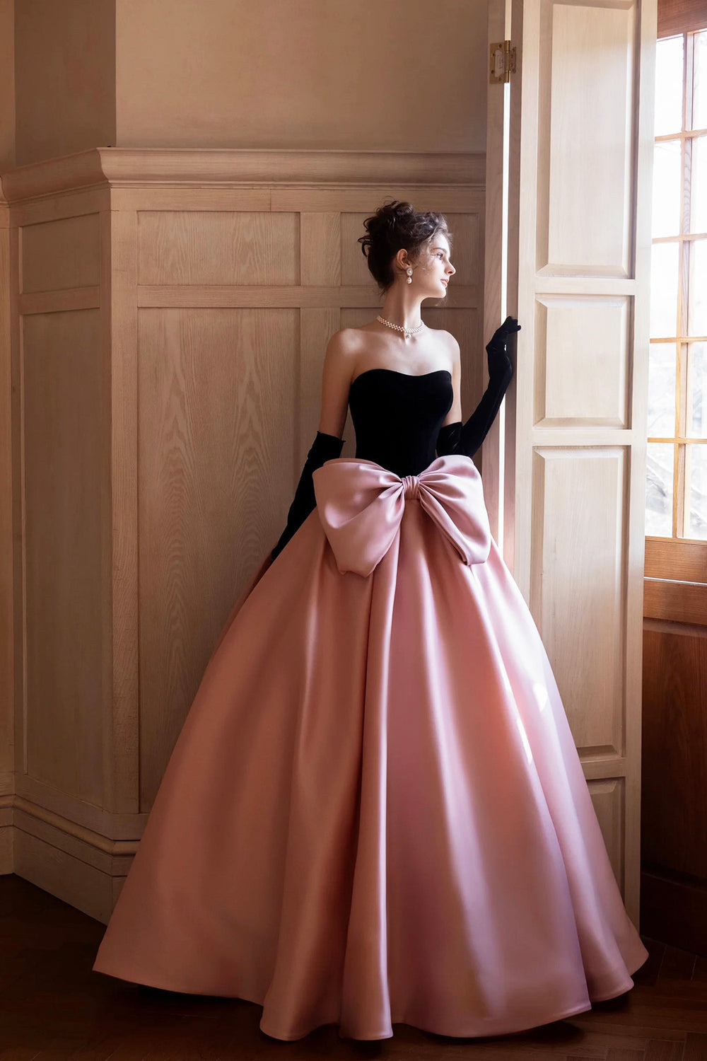 Black Velvet and Satin Long Formal Dress, Beautiful Strapless Evening