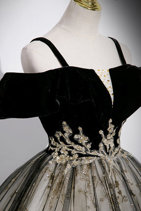 Black Velvet and Sequins Long Prom Dress, Black Off the Shoulder A-Line Evening Dress