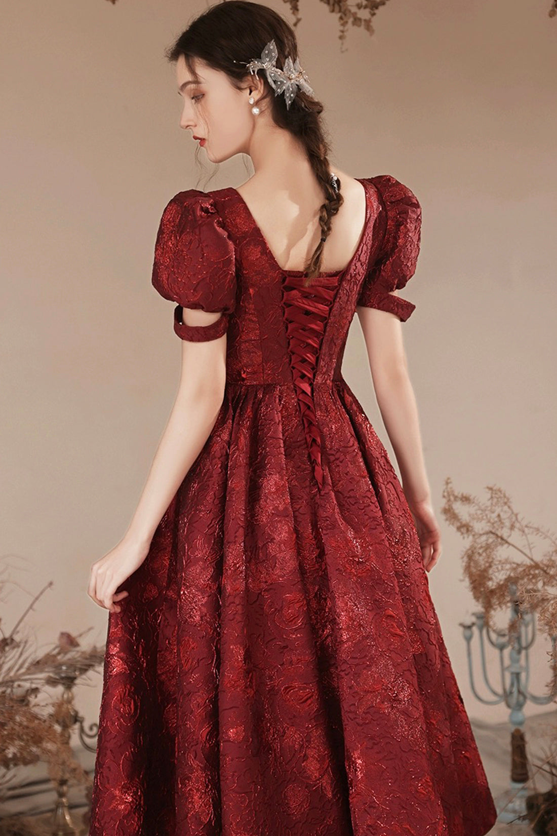 Burgundy Short Sleeve Tea Length Prom Dress, Lovely A-Line Evening Par Burgundy Short Sleeve Tea Length Prom Dress, Lovely A-Line Evening Par
