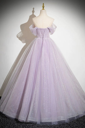 Lilac Strapless Tulle Long Prom Dresses with Flowers, Lilac Off the Shoulder Formal Evening Dresses