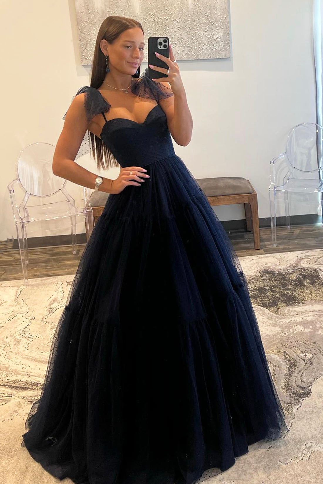 Navy Blue Tulle Long Prom Dress, A-Line Sweetheart Neck Evening Party Navy Blue Tulle Long Prom Dress, A-Line Sweetheart Neck Evening Party