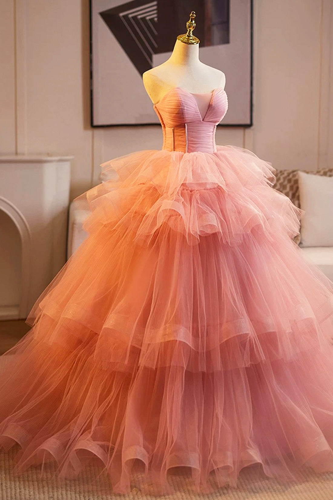 Pink Strapless Tulle Layers Ruffles Long Prom Evening Dress, Pink Sweet 16 Dress