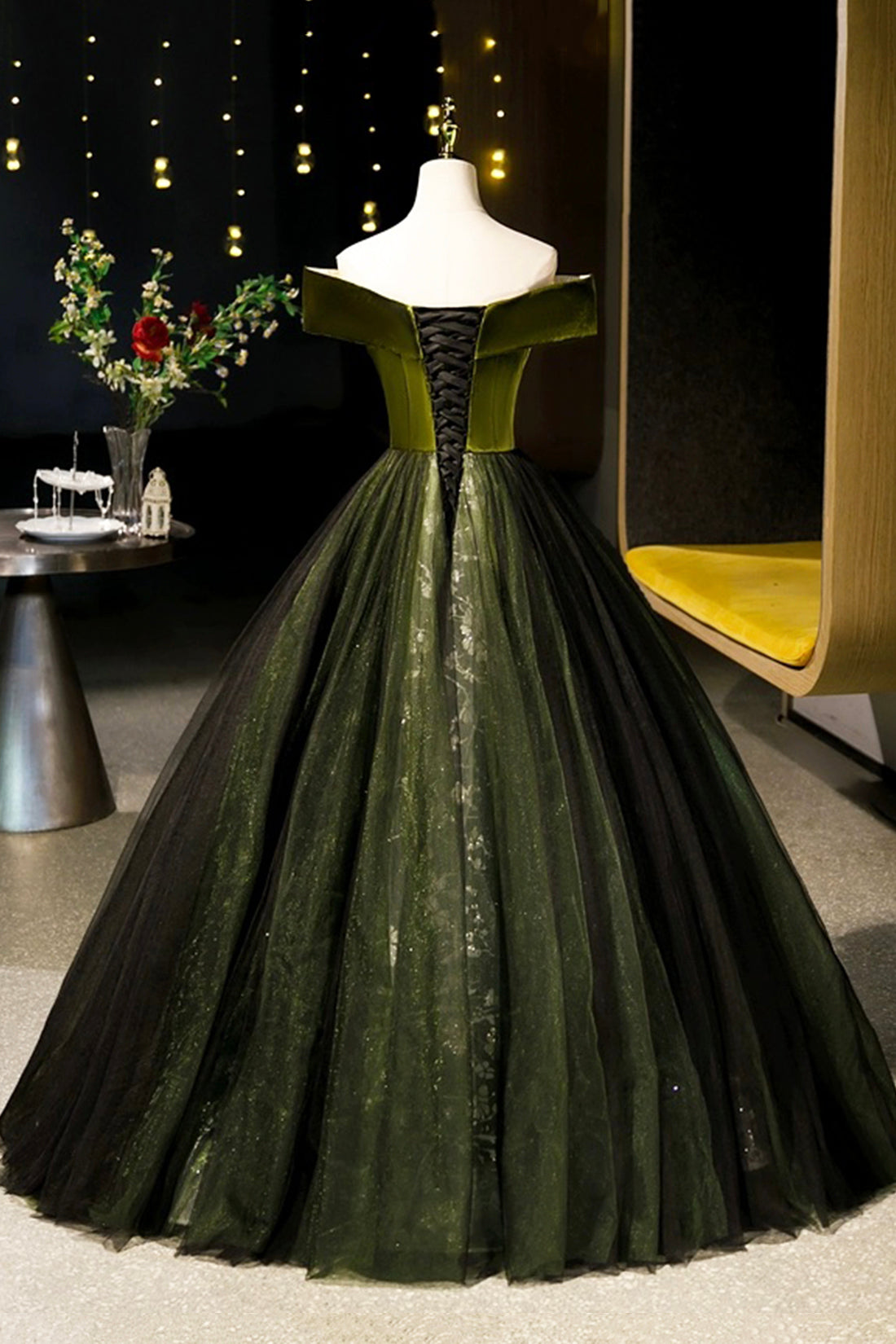 Green Velvet and Tulle Floor Length Prom Dress, Off the Shoulder Eveni Green Velvet and Tulle Floor Length Prom Dress, Off the Shoulder Eveni