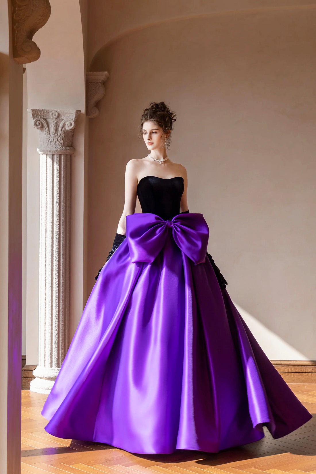 Black Velvet and Satin Long Formal Dress, Beautiful Strapless Evening Black Velvet and Satin Long Formal Dress, Beautiful Strapless Evening