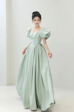 Light Green Satin Long A-Line Prom Dress, Cute Short Sleeve Evening Dr Light Green Satin Long A-Line Prom Dress, Cute Short Sleeve Evening Dr