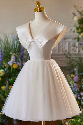 Lovely Champagne Knee Length Prom Dress, A-Line V-Neck Bow Sleeveless Backless Party Dress