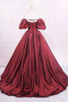 Burgundy Satin Floor Length Prom Dress, Elegant Puffy Short Sleeve Formal Dress