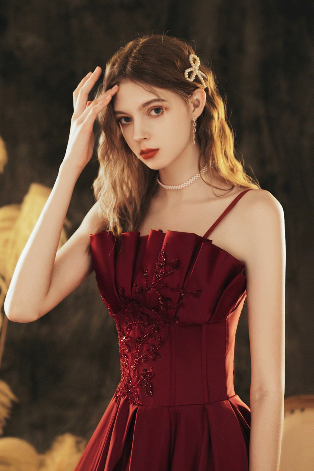 Burgundy Spaghetti Strap Satin Long Prom Dress, Beautiful A-Line Eveni Burgundy Spaghetti Strap Satin Long Prom Dress, Beautiful A-Line Eveni