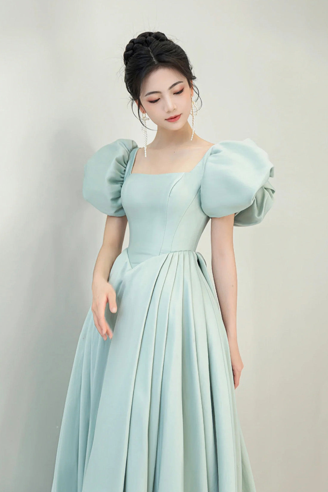 Light Green Satin Long A-Line Prom Dress, Cute Short Sleeve Evening Dr Light Green Satin Long A-Line Prom Dress, Cute Short Sleeve Evening Dr
