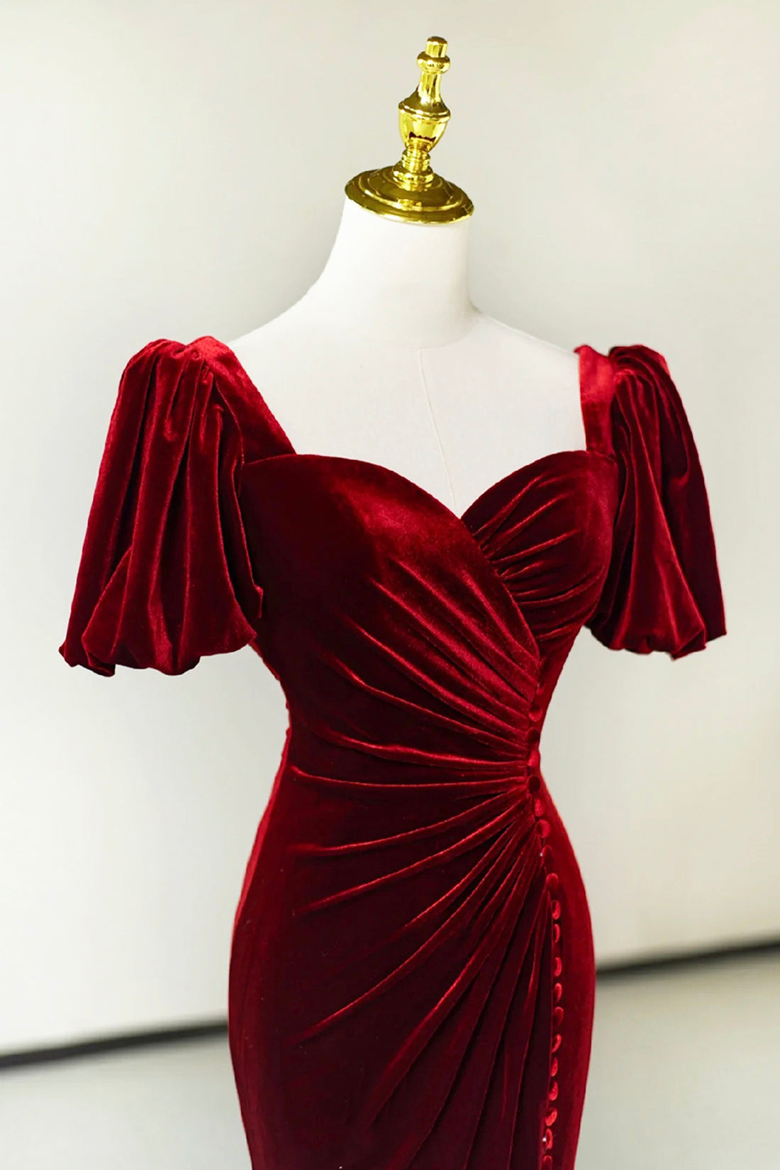 Burgundy Pleated Velvet Long Prom Dress with Slit, Mermaid Backless Evening Party Dress