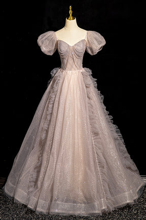 Beautiful Tulle Beaded Long Prom Dress, Khaki A-Line Short Sleeve Evening Party Dress