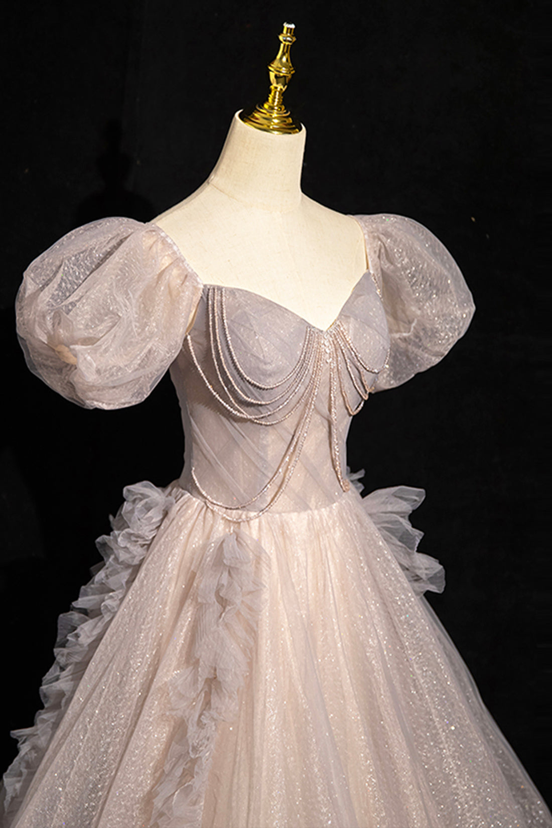 Beautiful Tulle Beaded Long Prom Dress, Khaki A-Line Short Sleeve Evening Party Dress