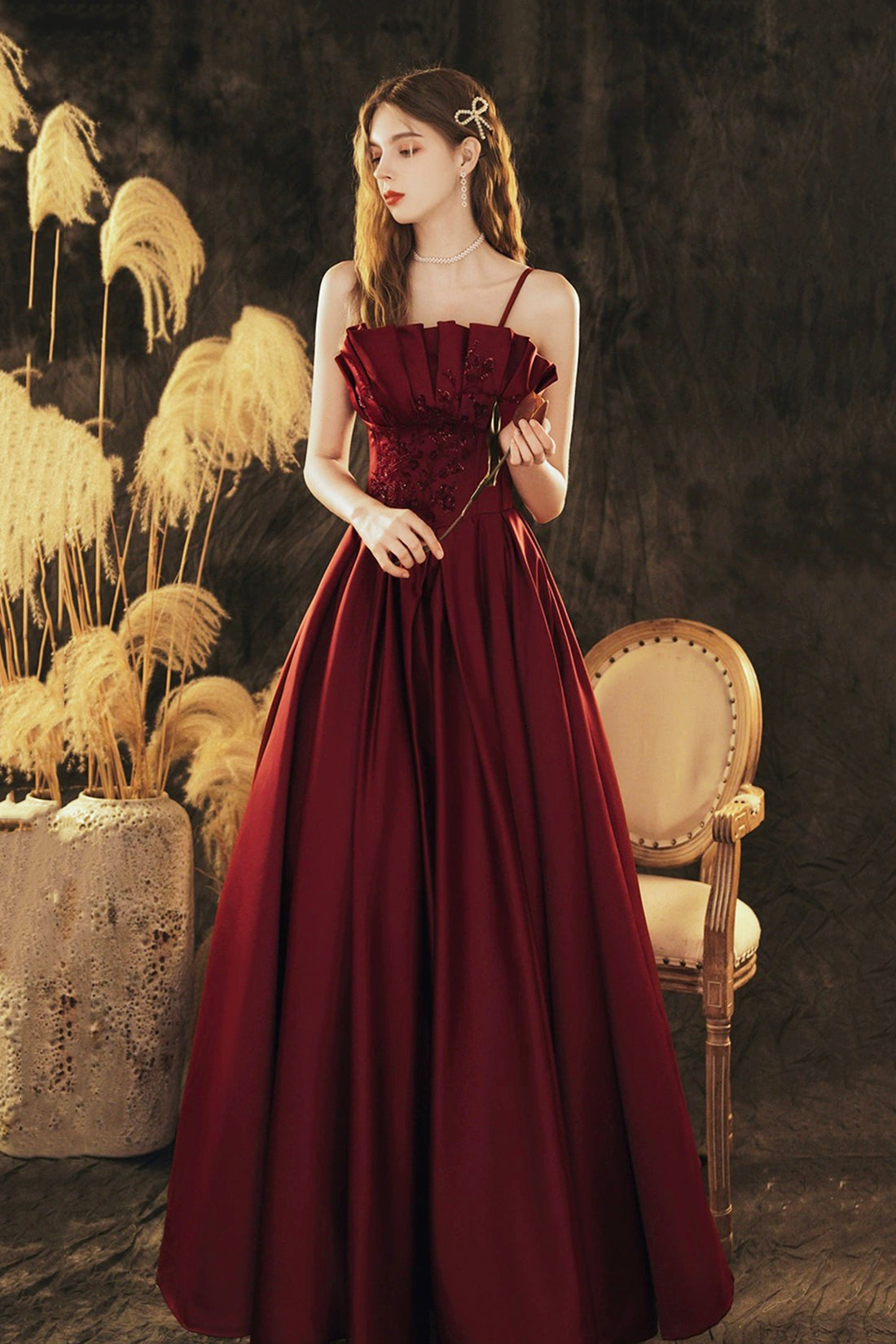 Burgundy Spaghetti Strap Satin Long Prom Dress, Beautiful A-Line Evening Party Dress