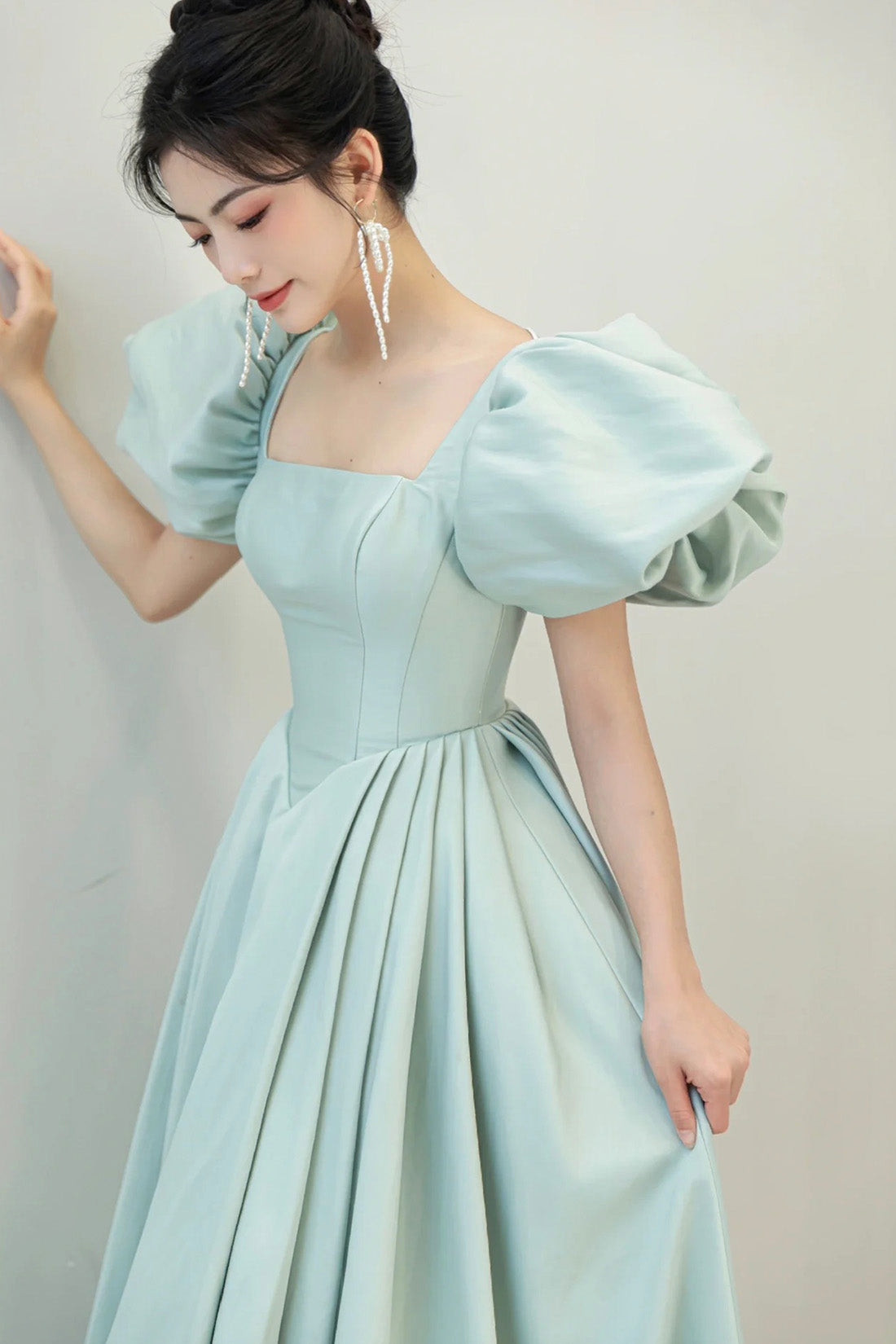 Light Green Satin Long A-Line Prom Dress, Cute Short Sleeve Evening Dress