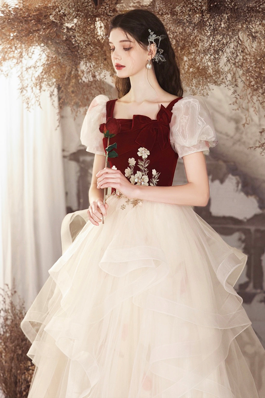 Champagne Tulle and Burgundy Velvet Long Prom Dress, Lovely A-Line Evening Party Dress