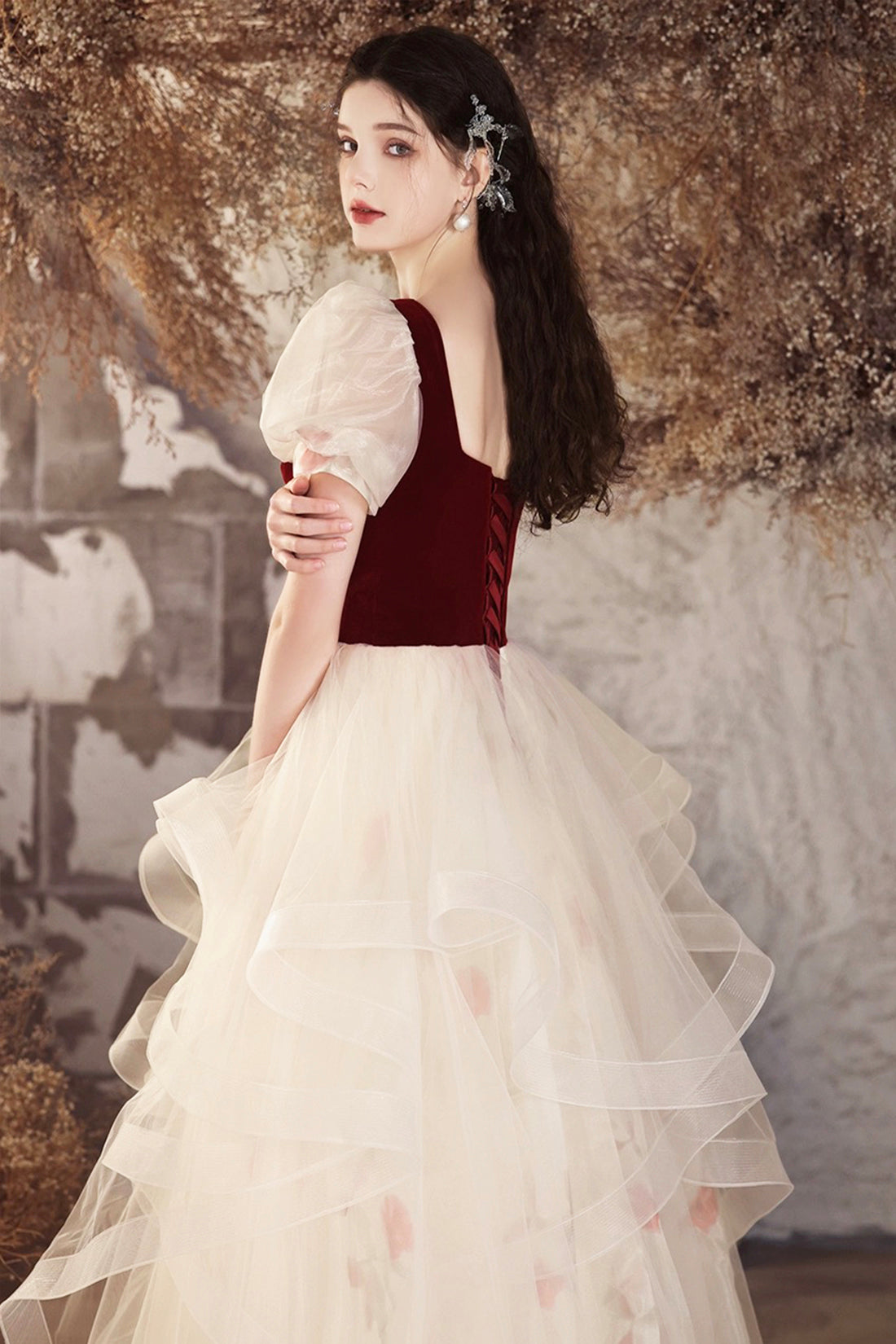 Champagne Tulle and Burgundy Velvet Long Prom Dress, Lovely A-Line Evening Party Dress