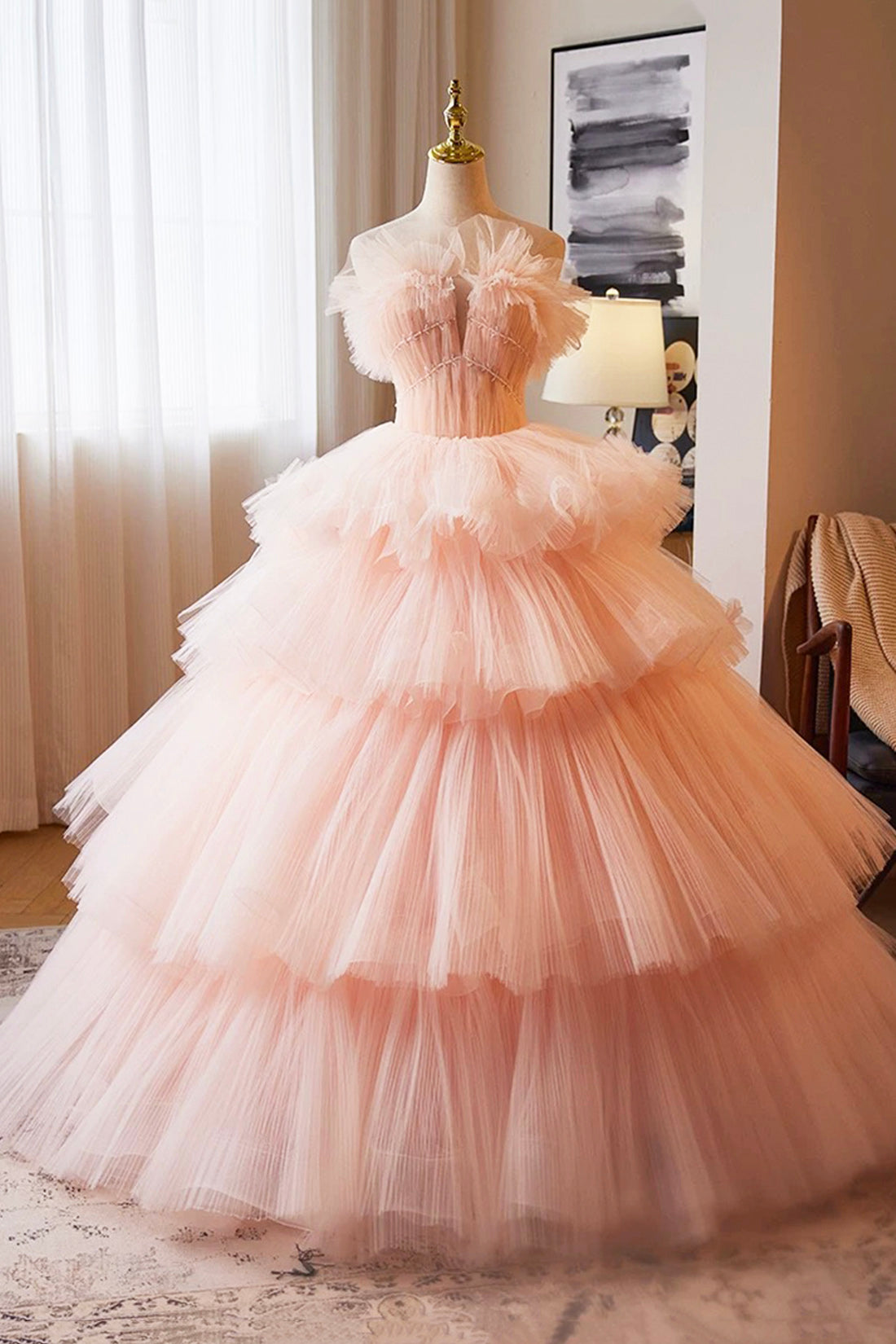 Pink Tulle Layers Ruffles Long Prom Formal Dress, Pink Sweet 16 Dress Birthday Party Dress