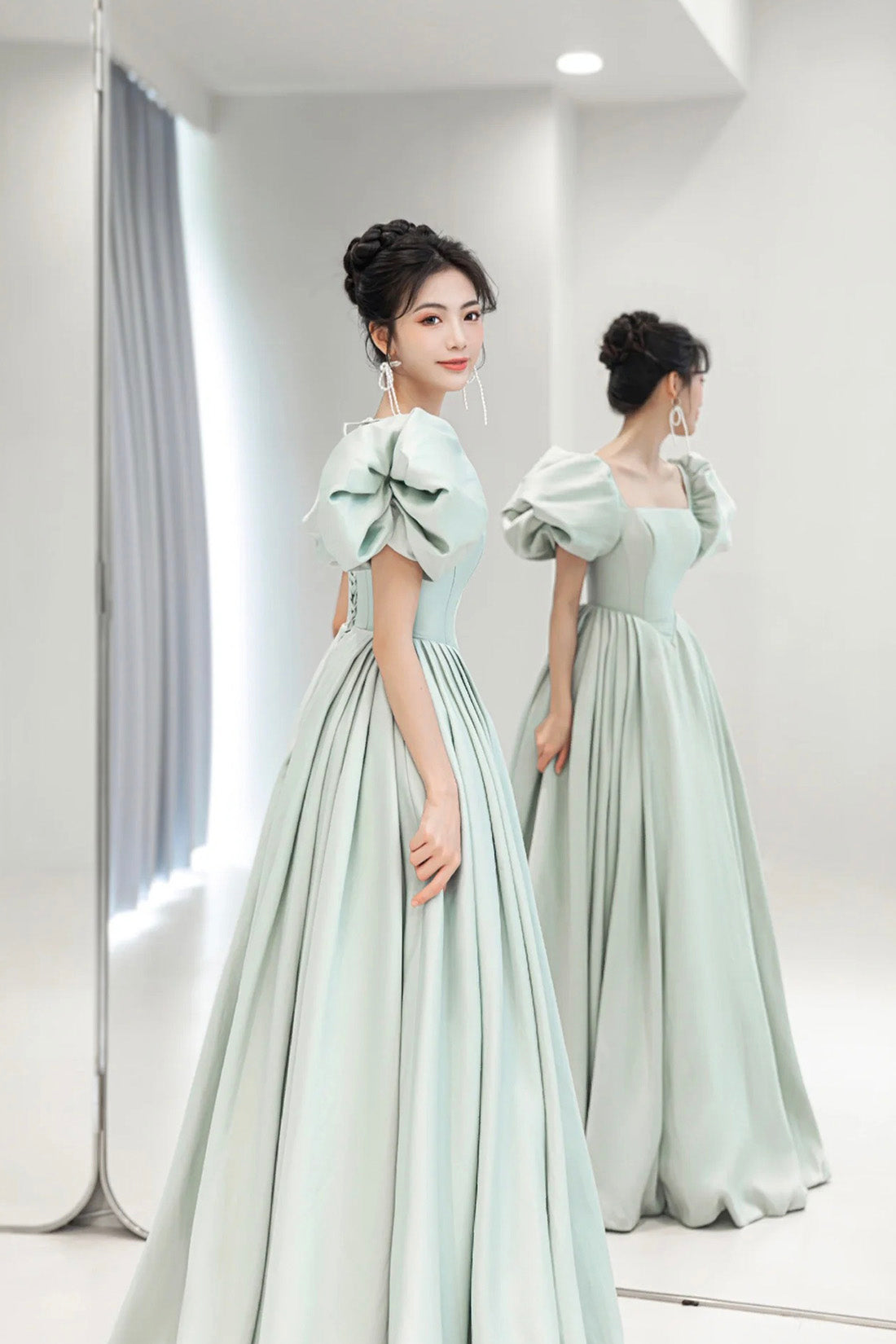 Light Green Satin Long A-Line Prom Dress, Cute Short Sleeve Evening Dress
