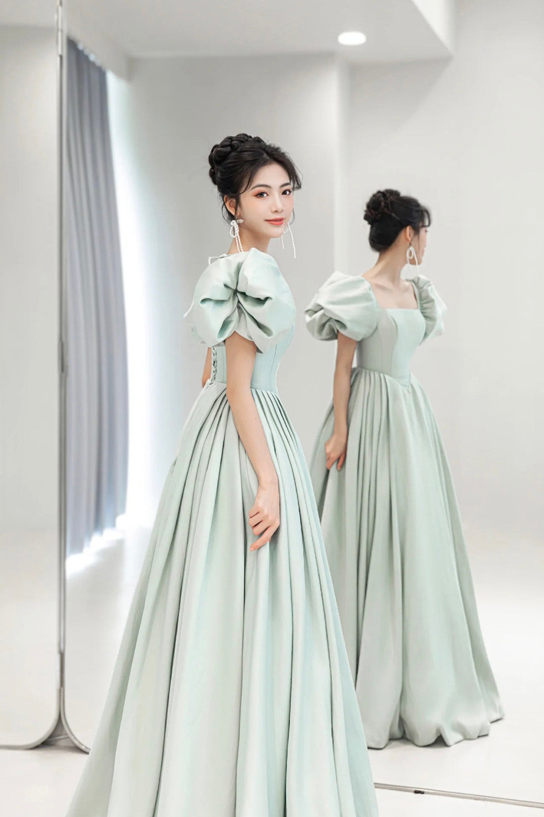 Light Green Satin Long A-Line Prom Dress, Cute Short Sleeve Evening Dr Light Green Satin Long A-Line Prom Dress, Cute Short Sleeve Evening Dr