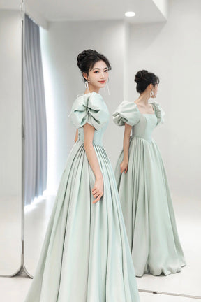 Light Green Satin Long A-Line Prom Dress, Cute Short Sleeve Evening Dr Light Green Satin Long A-Line Prom Dress, Cute Short Sleeve Evening Dr