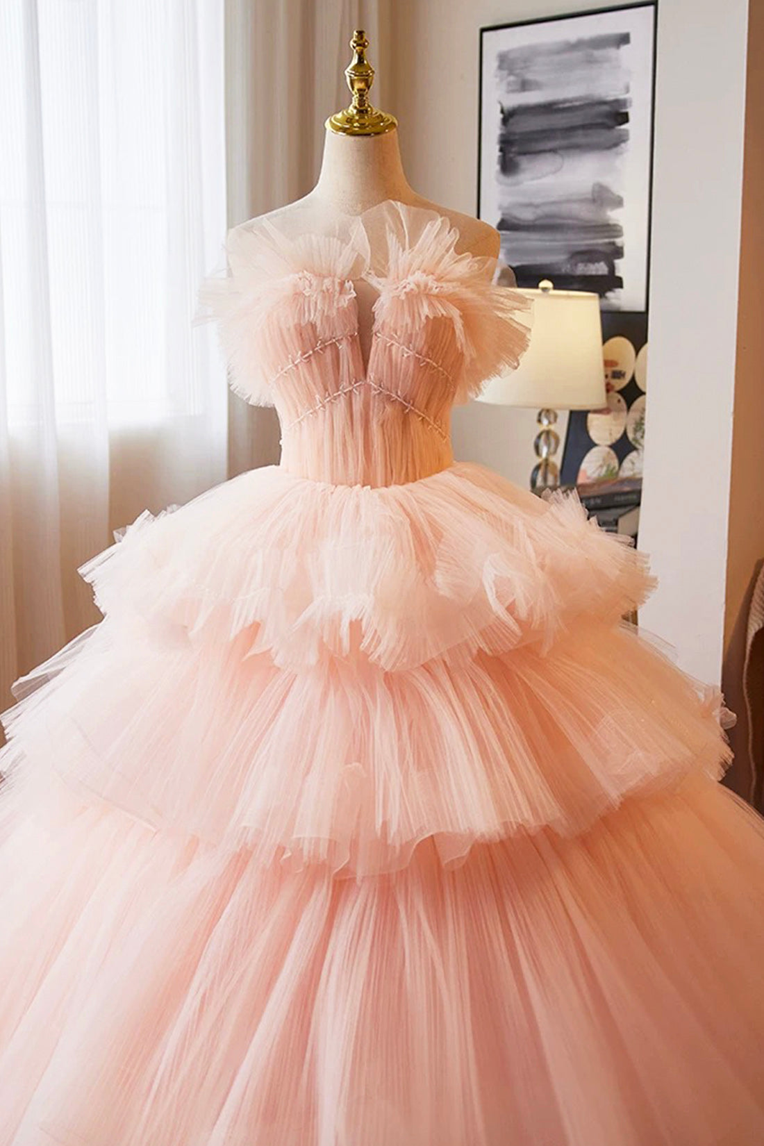 Pink Tulle Layers Ruffles Long Prom Formal Dress, Pink Sweet 16 Dress Birthday Party Dress