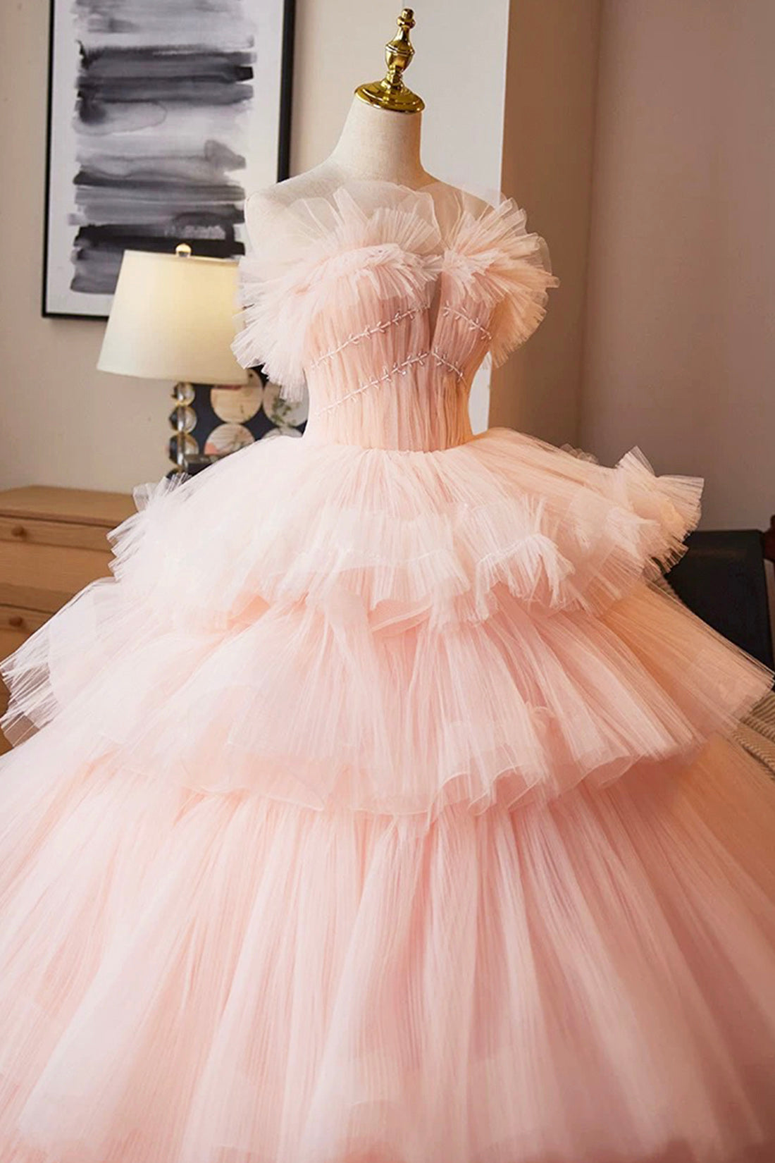 Pink Tulle Layers Ruffles Long Prom Formal Dress, Pink Sweet 16 Dress Birthday Party Dress