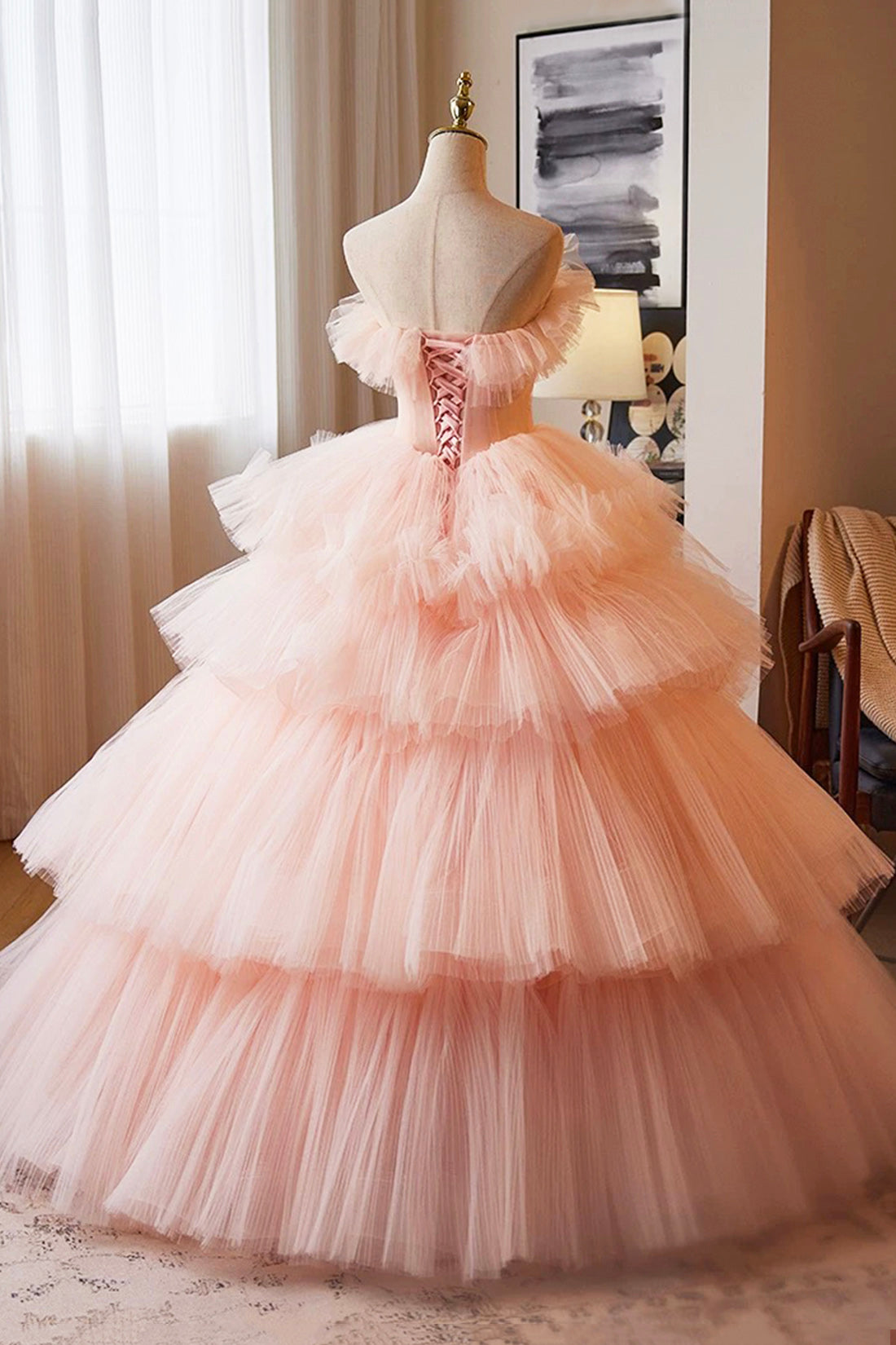 Pink Tulle Layers Ruffles Long Prom Formal Dress, Pink Sweet 16 Dress Pink Tulle Layers Ruffles Long Prom Formal Dress, Pink Sweet 16 Dress