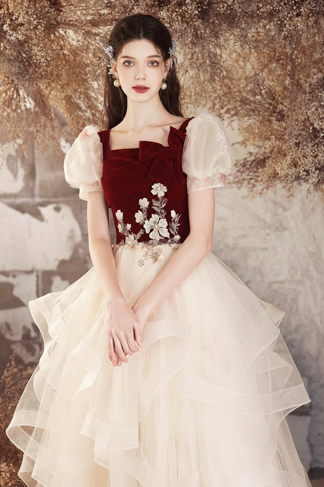 Champagne Tulle and Burgundy Velvet Long Prom Dress, Lovely A-Line Eve Champagne Tulle and Burgundy Velvet Long Prom Dress, Lovely A-Line Eve