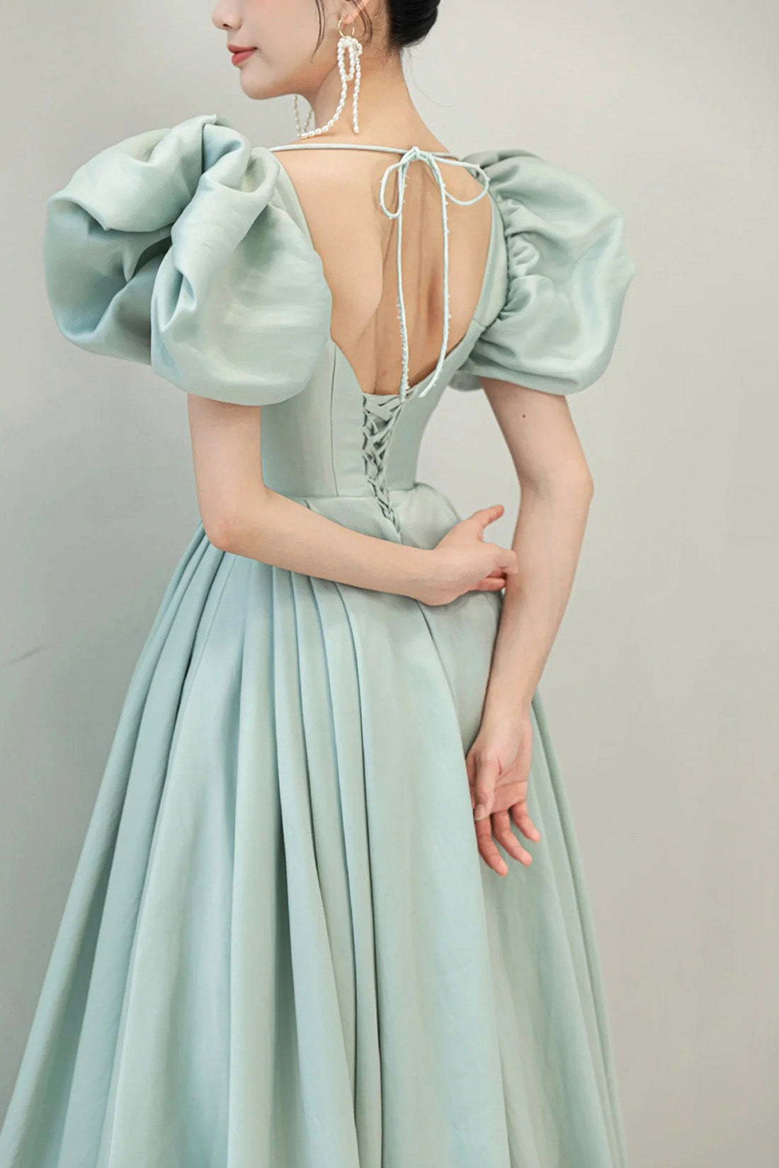 Light Green Satin Long A-Line Prom Dress, Cute Short Sleeve Evening Dr Light Green Satin Long A-Line Prom Dress, Cute Short Sleeve Evening Dr