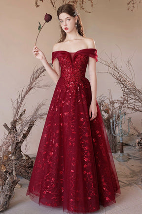 Burgundy Tulle Sequins Long A-Line Prom Dress, Off the Shoulder Evening Party Dress