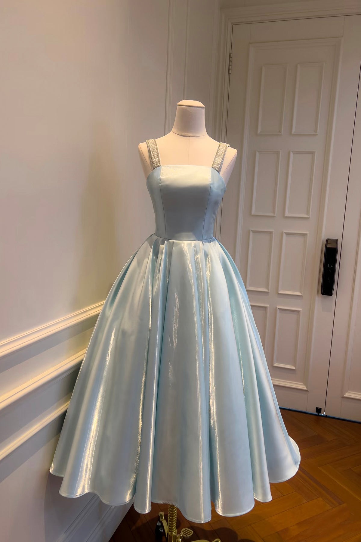 Luxe Light Blue Satin Ball Gown – Beaded Spaghetti Strap Formal Dress