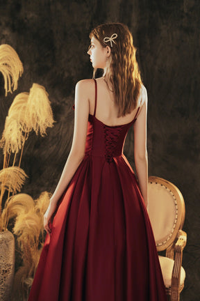 Burgundy Spaghetti Strap Satin Long Prom Dress, Beautiful A-Line Evening Party Dress