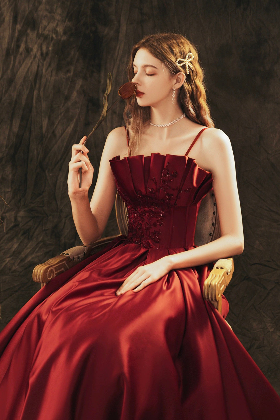 Burgundy Spaghetti Strap Satin Long Prom Dress, Beautiful A-Line Eveni Burgundy Spaghetti Strap Satin Long Prom Dress, Beautiful A-Line Eveni