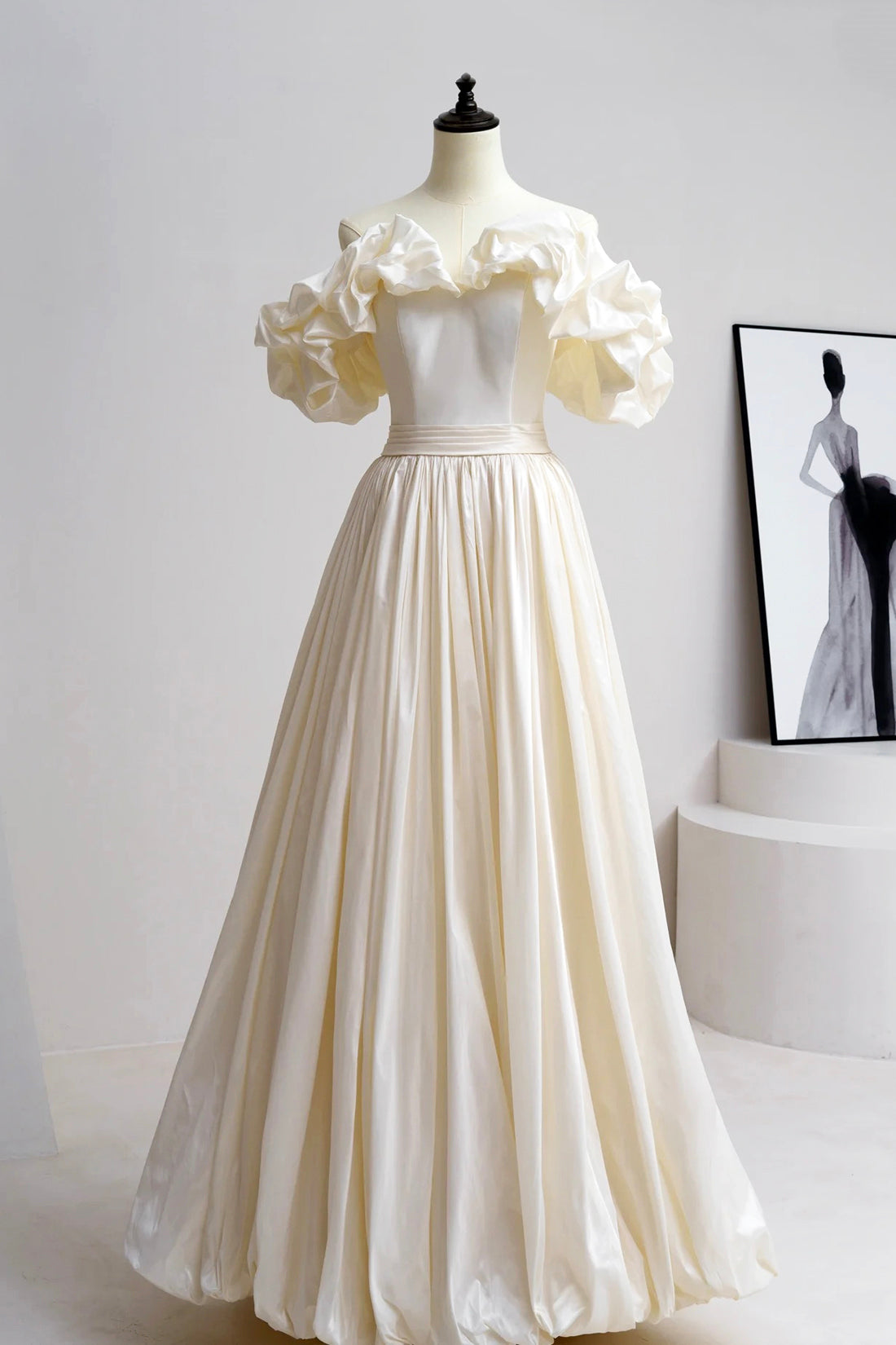 Champagne Satin Floor Length Prom Dress, Off the Shoulder A-Line Evening Party Dress