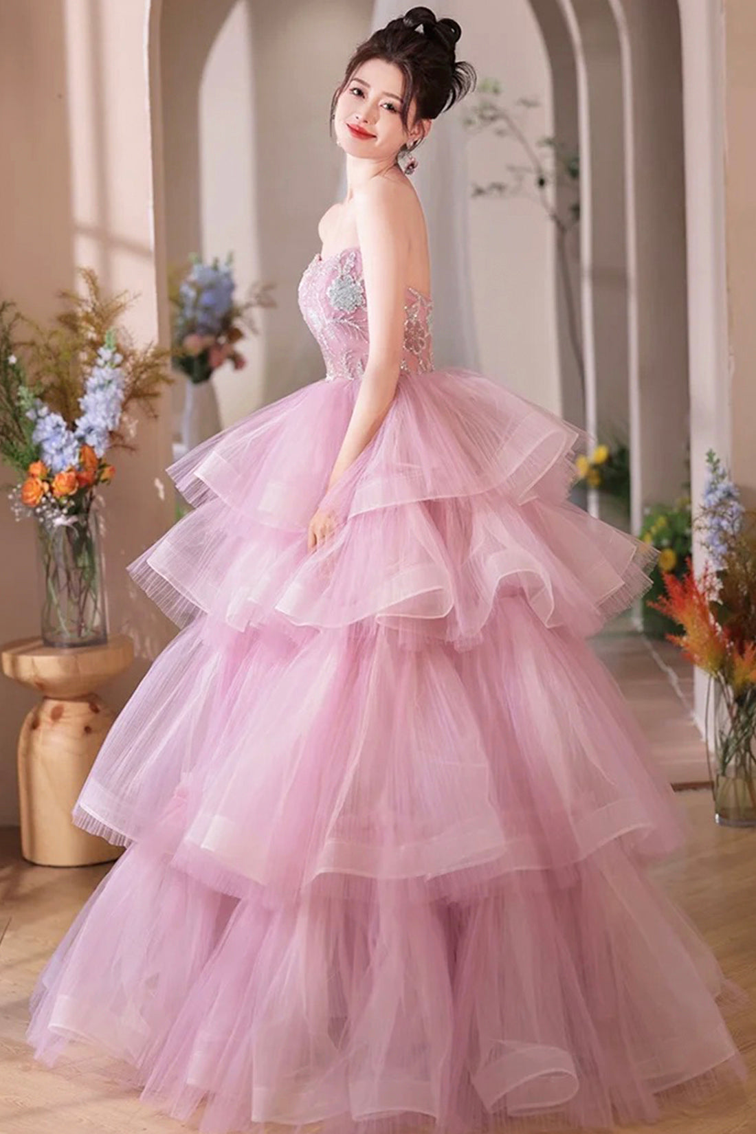 Pink Tulle Layers Long A-Line Prom Dress, Pink Sweetheart Neckline Evening Gown