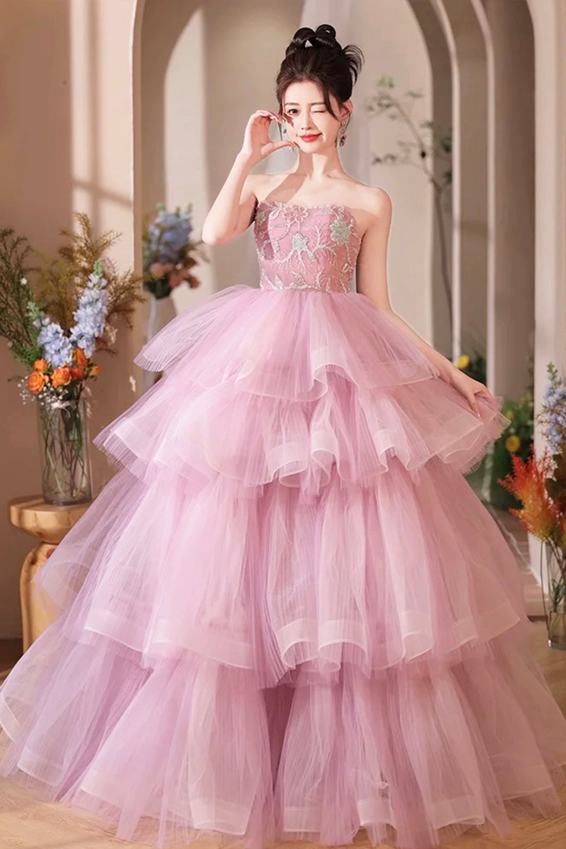 Pink Tulle Layers Long A-Line Prom Dress, Pink Sweetheart Neckline Evening Gown