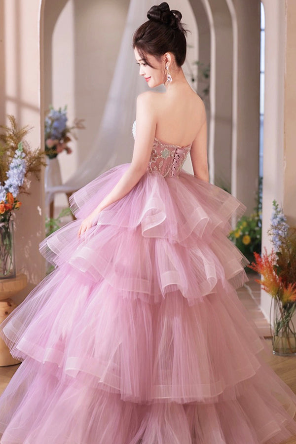 Pink tulle long A line prom dress pink evening gown Y1926