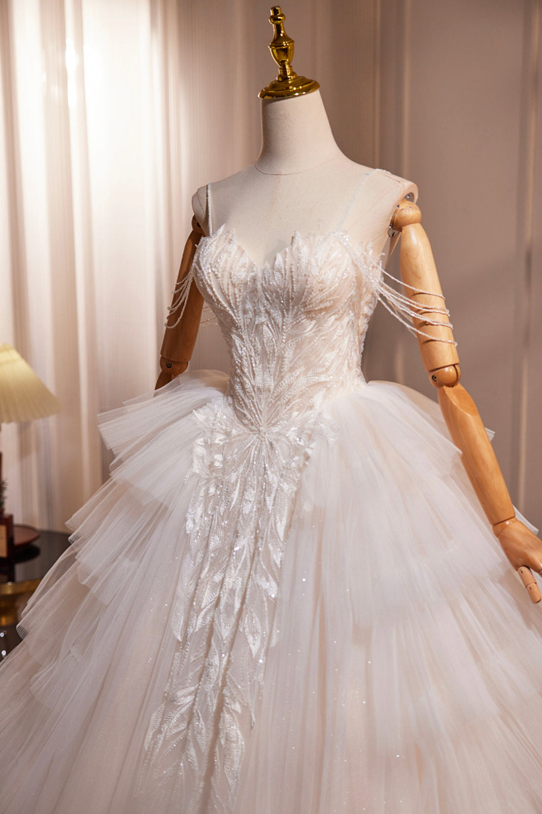 Champagne Sweetheart Layers Princess Dress, Beautiful Spaghetti Straps Tulle Formal Gown