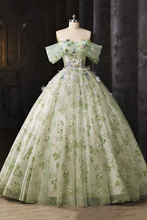 Light Green Floral Long A-Line Prom Dress Off Shoulder Princess Ball Gown